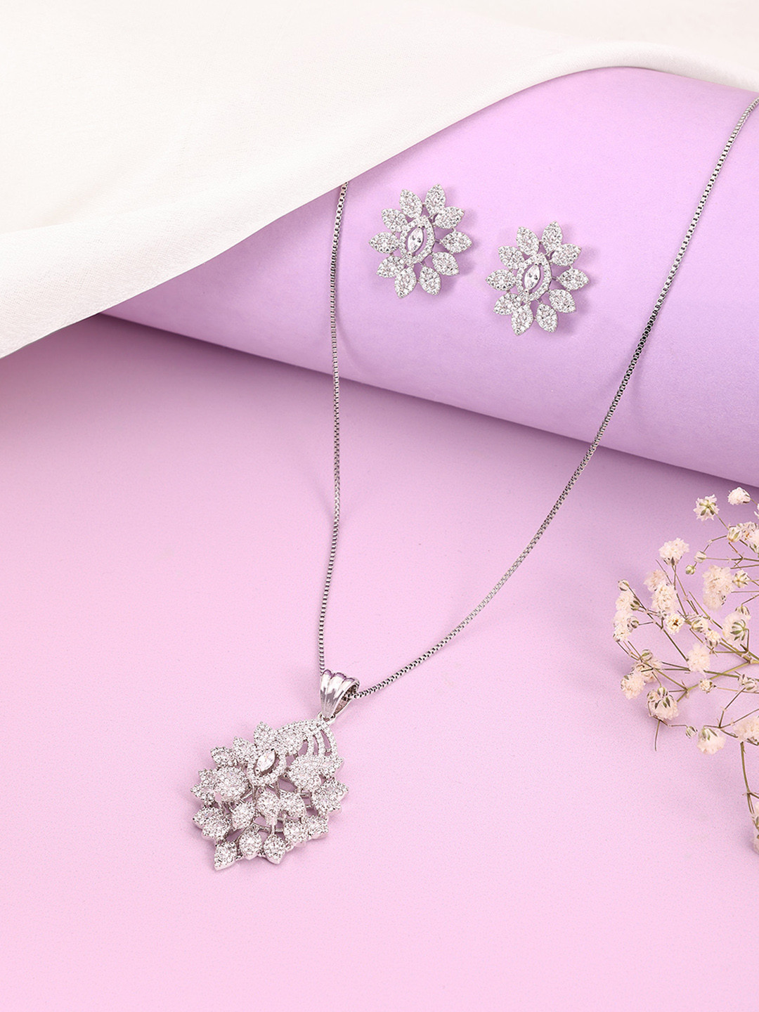 Peora Silver-Plated Cubic Zirconia Studded Pendant Chain & Earring Set