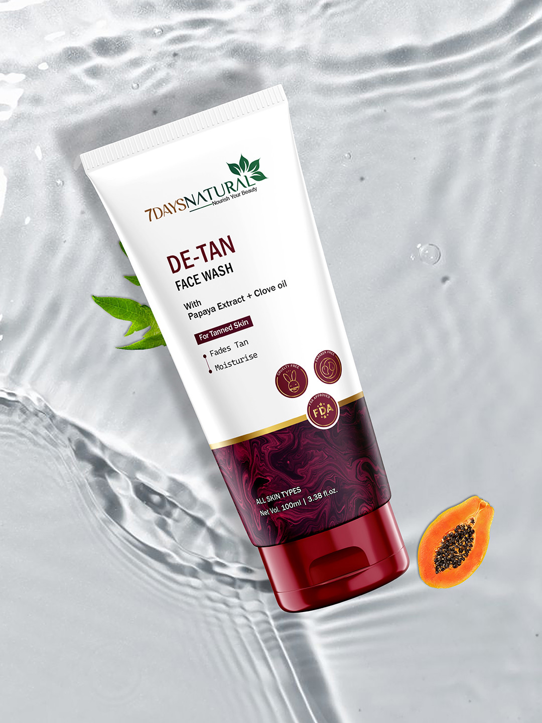 7DAYSNATURAL De-Tan Face Wash for Even Skin Tone with Vitamin E & Papaya Extract - 100 ml