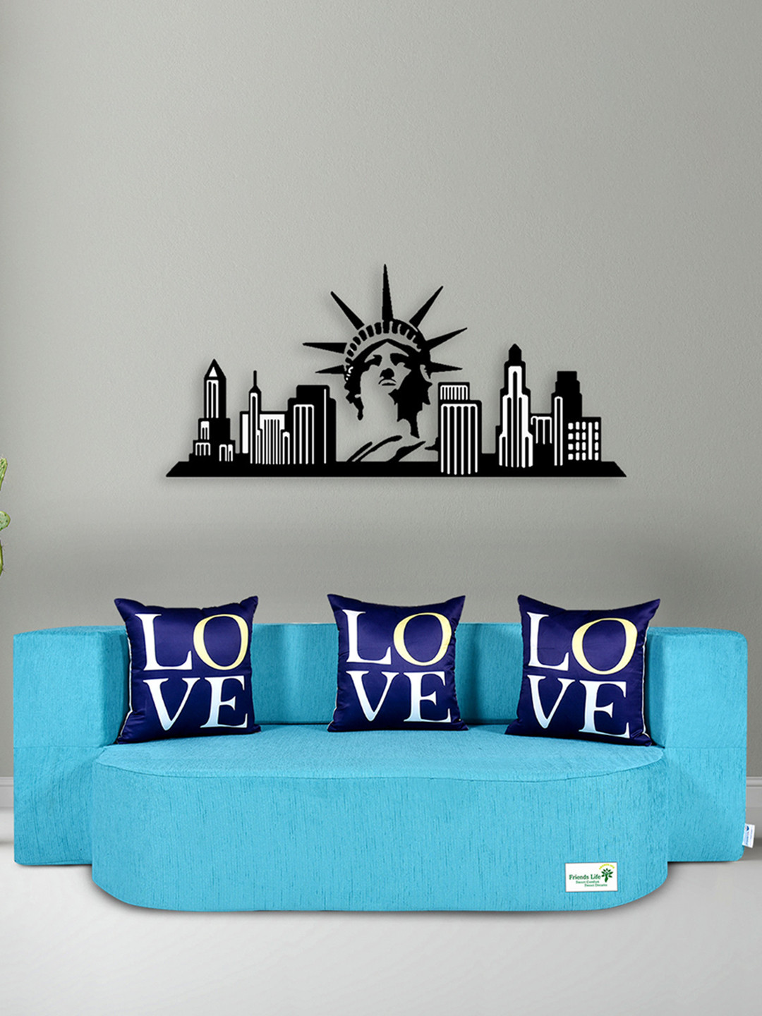 FRIENDS LIFE Blue & Nay Blue 3 Seater Fold Out Sofa Cum Bed With Pillows