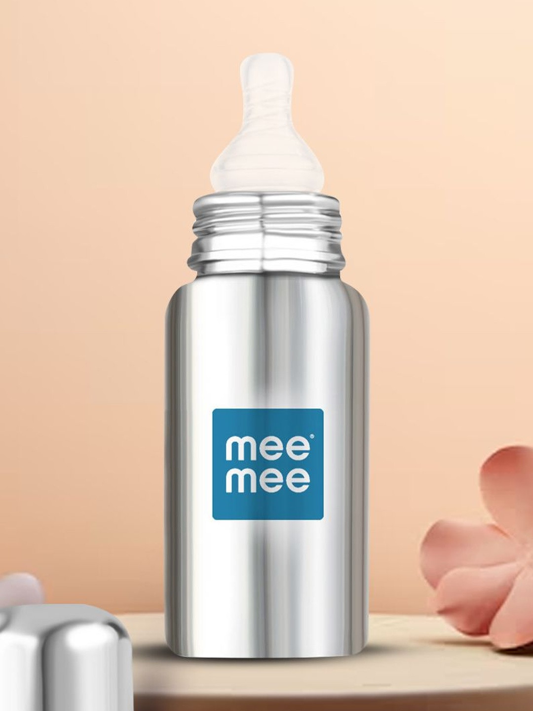 MeeMee Infants Kids Grey & Blue Printed Anti-Colic Stainless Steel Feeding Bottle - 240ml