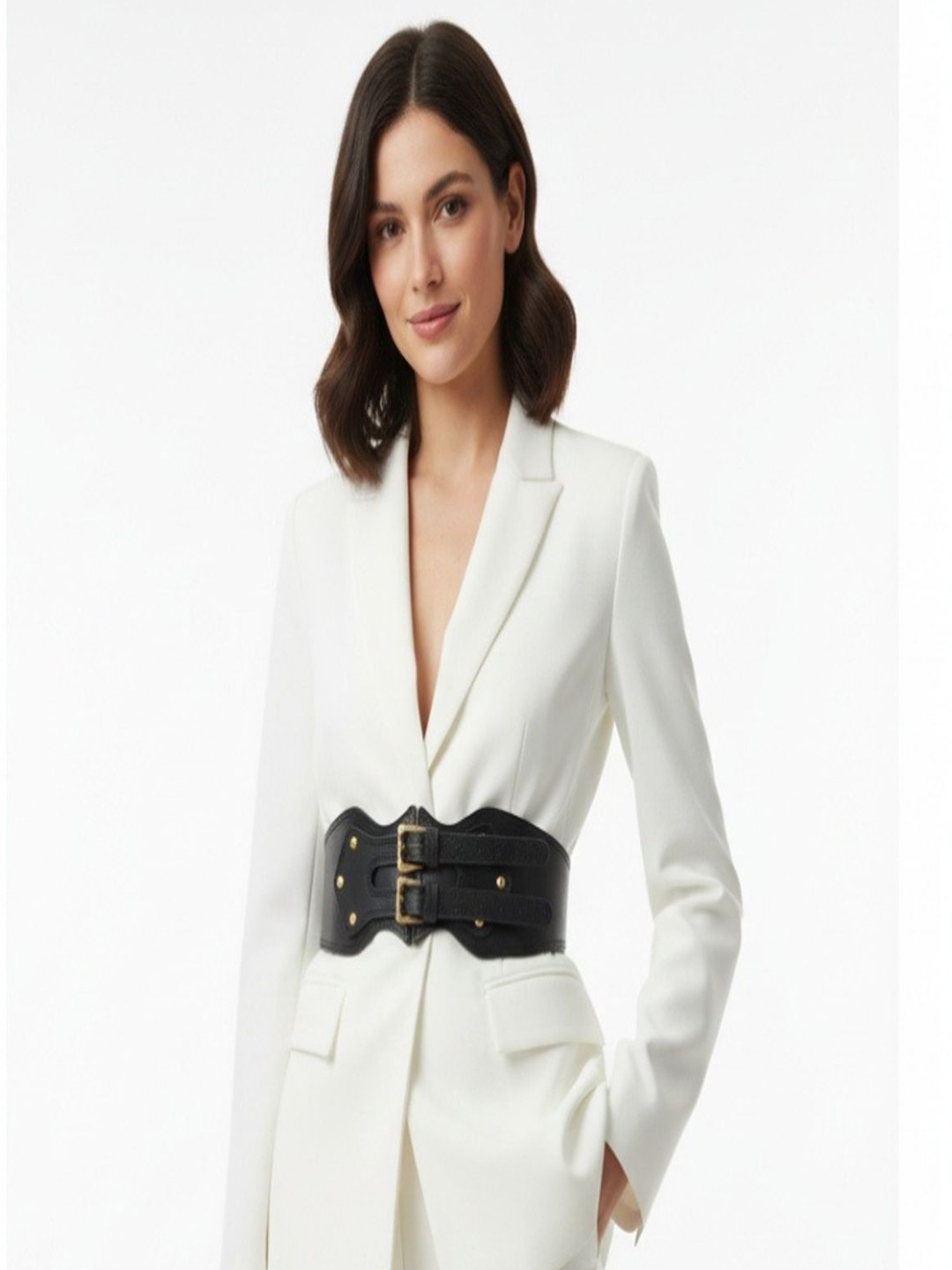 HHSK Women PU  Decorative Skirt Vintage Double Buckle Belt