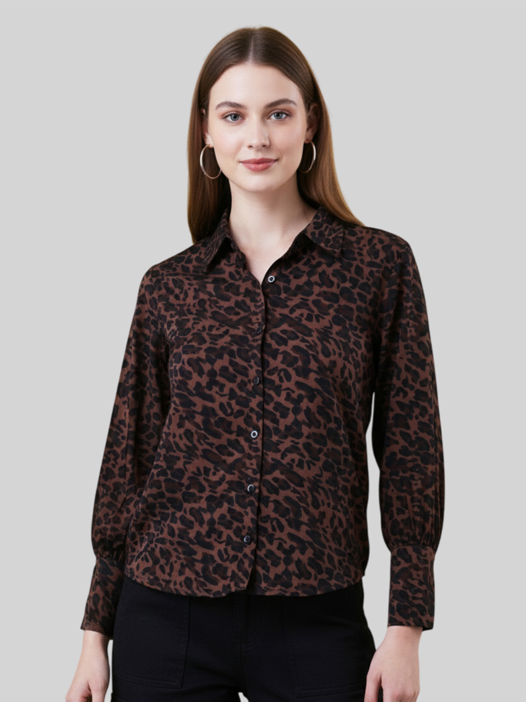 ANVI Be Yourself Brown & Black Animal Printed Shirt Collar Gathered Crepe Shirt Style Top