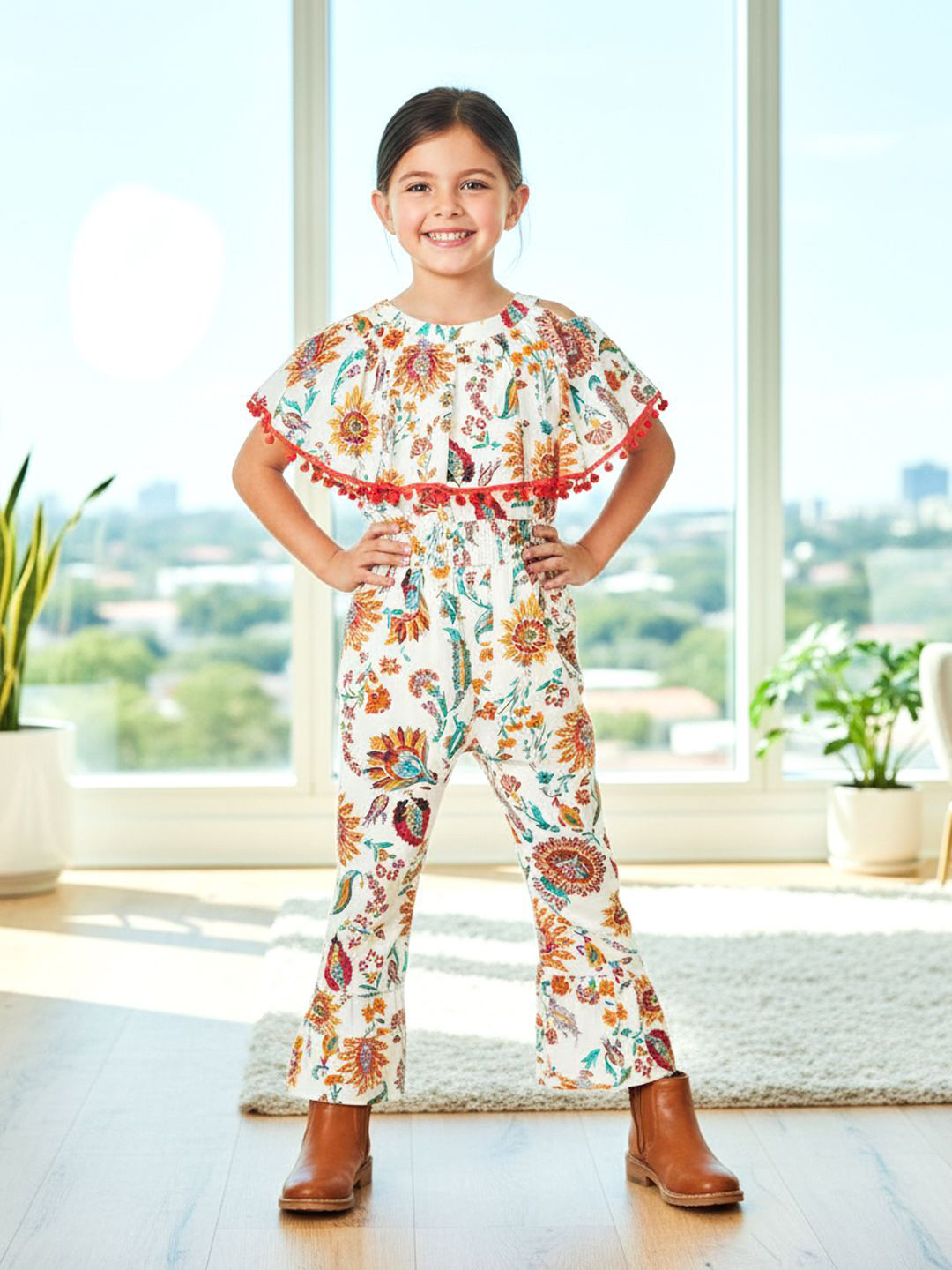 Naughty Ninos Girls Printed Basic Jumpsuit with Lace Inserts