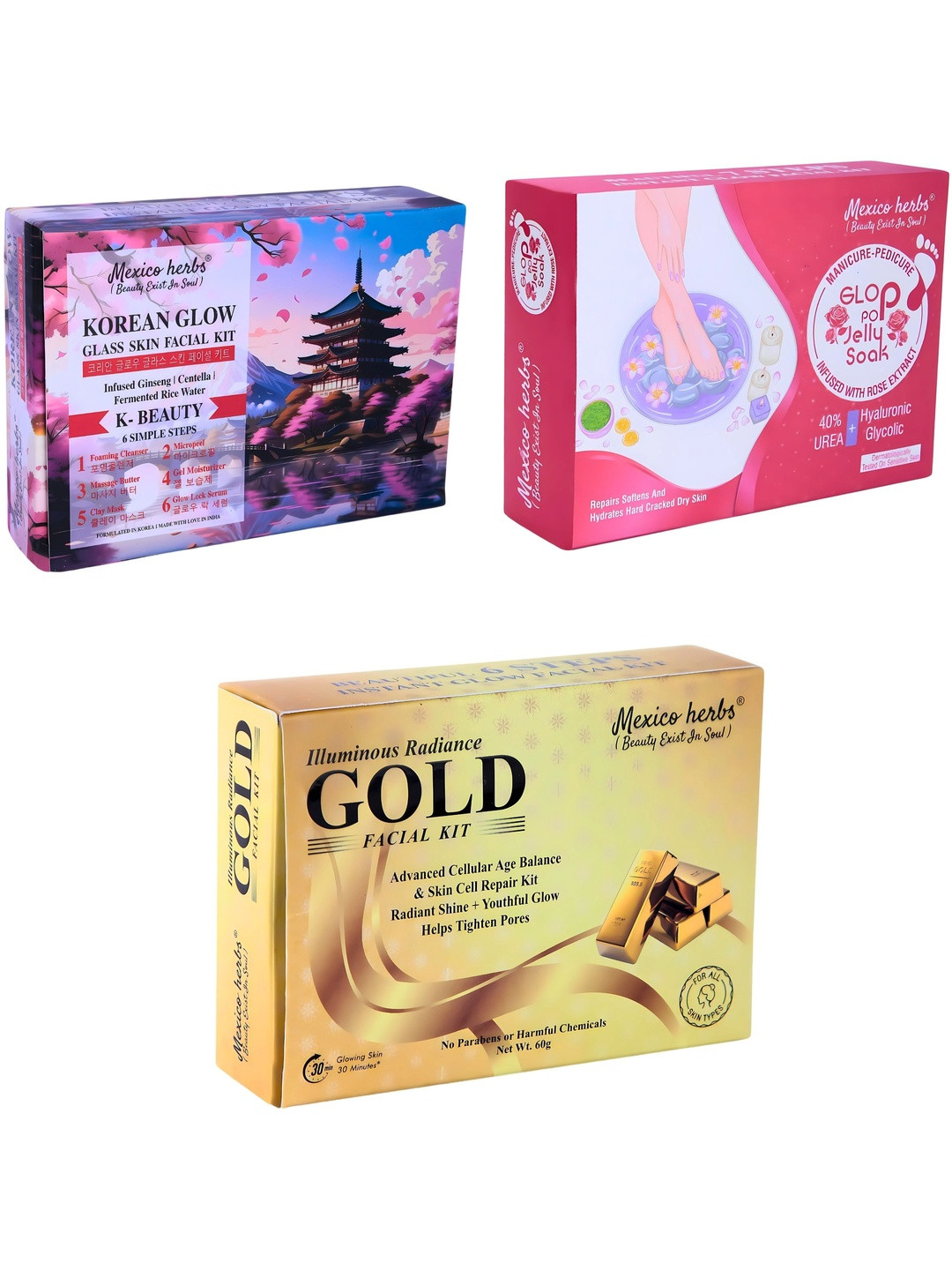 Mexico herbs Set Of 3 Glop Pop Manicure & Pedicure Kit Gold & Korean Facial Kit - 60g Each