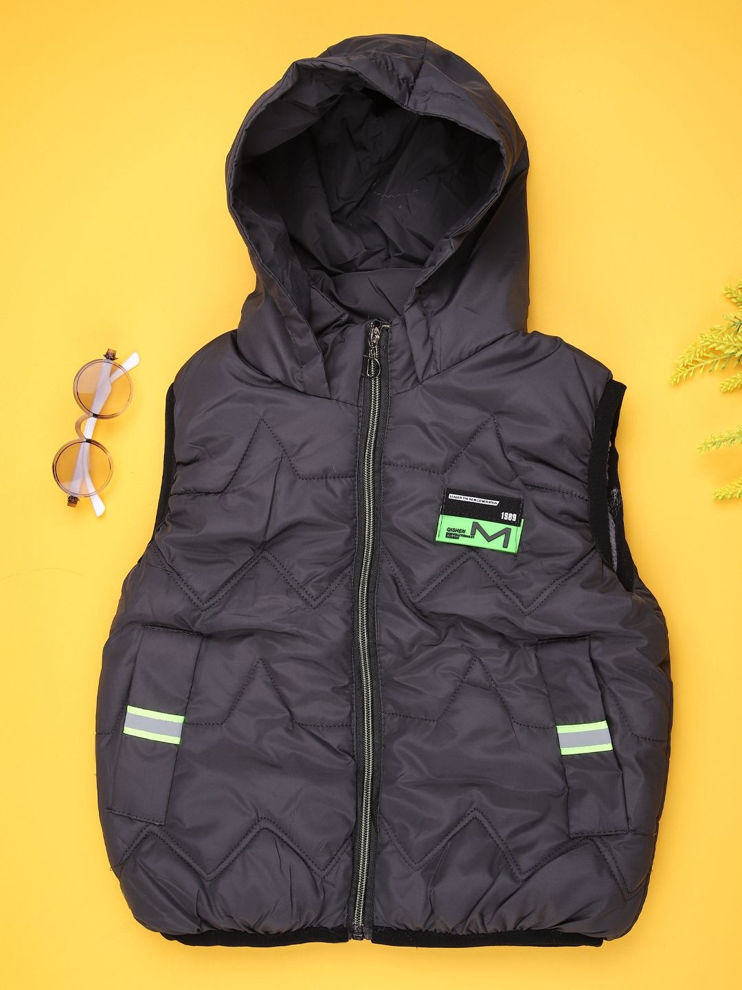 V-Mart Boys Self Design Hooded Sleeveless Puffer Jacket with Patchwork