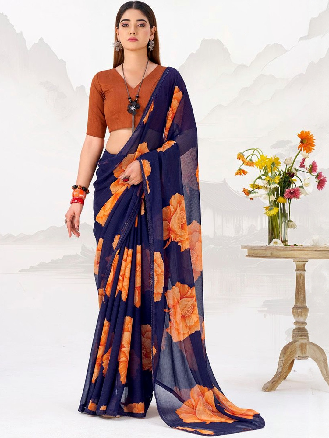LOOKNBOOK ART Floral Printed Lace Border Chiffon Saree With Blouse Piece