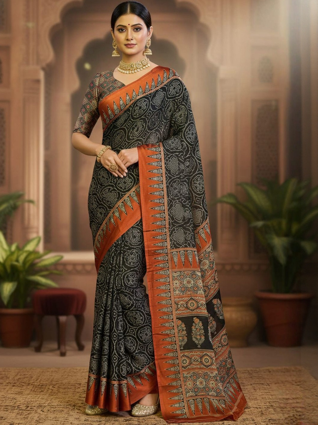 Anouk Rustic Ethnic Motifs Satin Designer Block Print Saree
