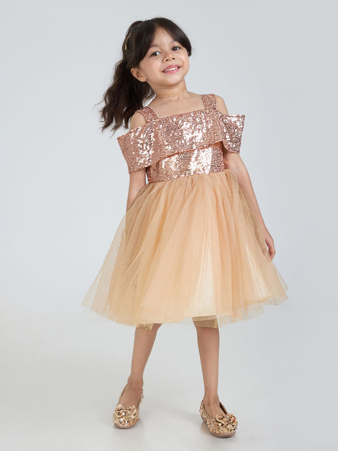 Hopscotch Girls Beige Sequin Embellished Sleeveless Dress