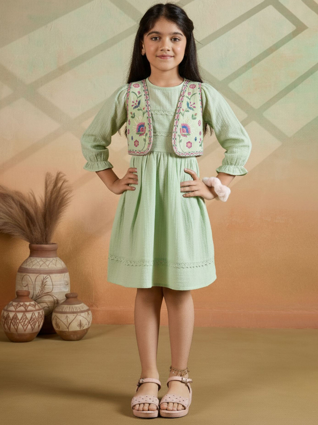 Lagorii Girls Cotton A-Line Dress with Embroidered Vest and Tassel Tie-Up