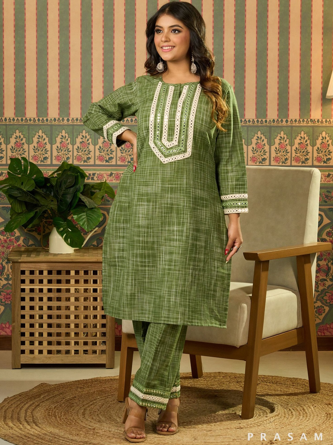 Prasam Checked Printed Round Neck Mirror Work Pure Cotton Straight Kurta With Trouser