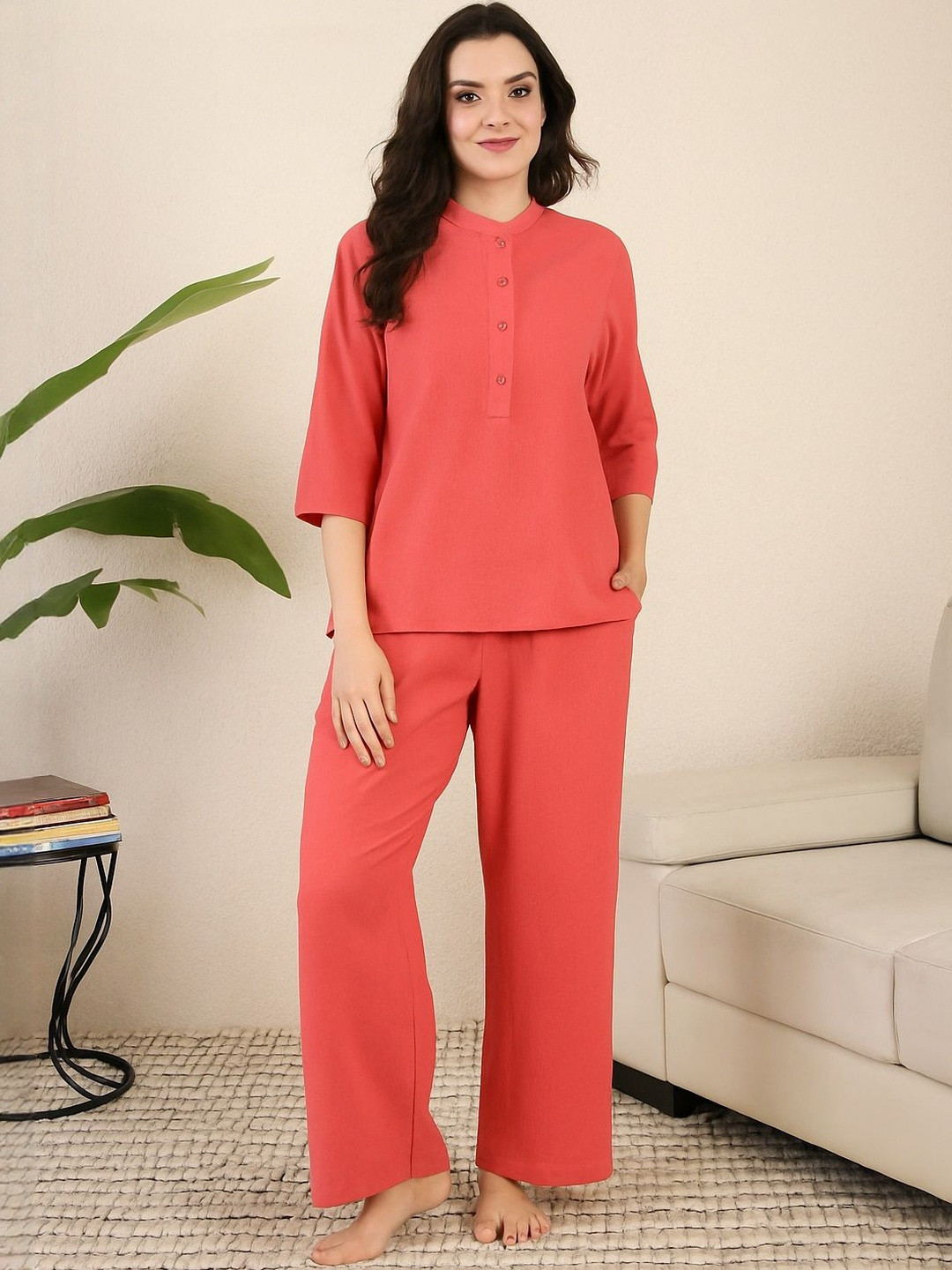 July Women Solid Cotton Linen Kurti and Pyjamas Night suit