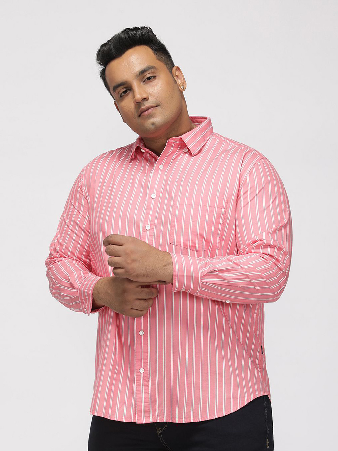 Big Hello - The Plus Life Classic Hangout Collection Vertical Striped Cotton Shirt