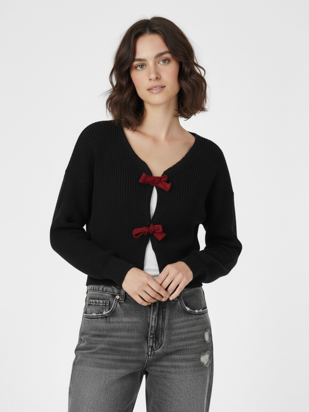 glitchez V-Neck Crop Cardigan with Tie-Up Detail