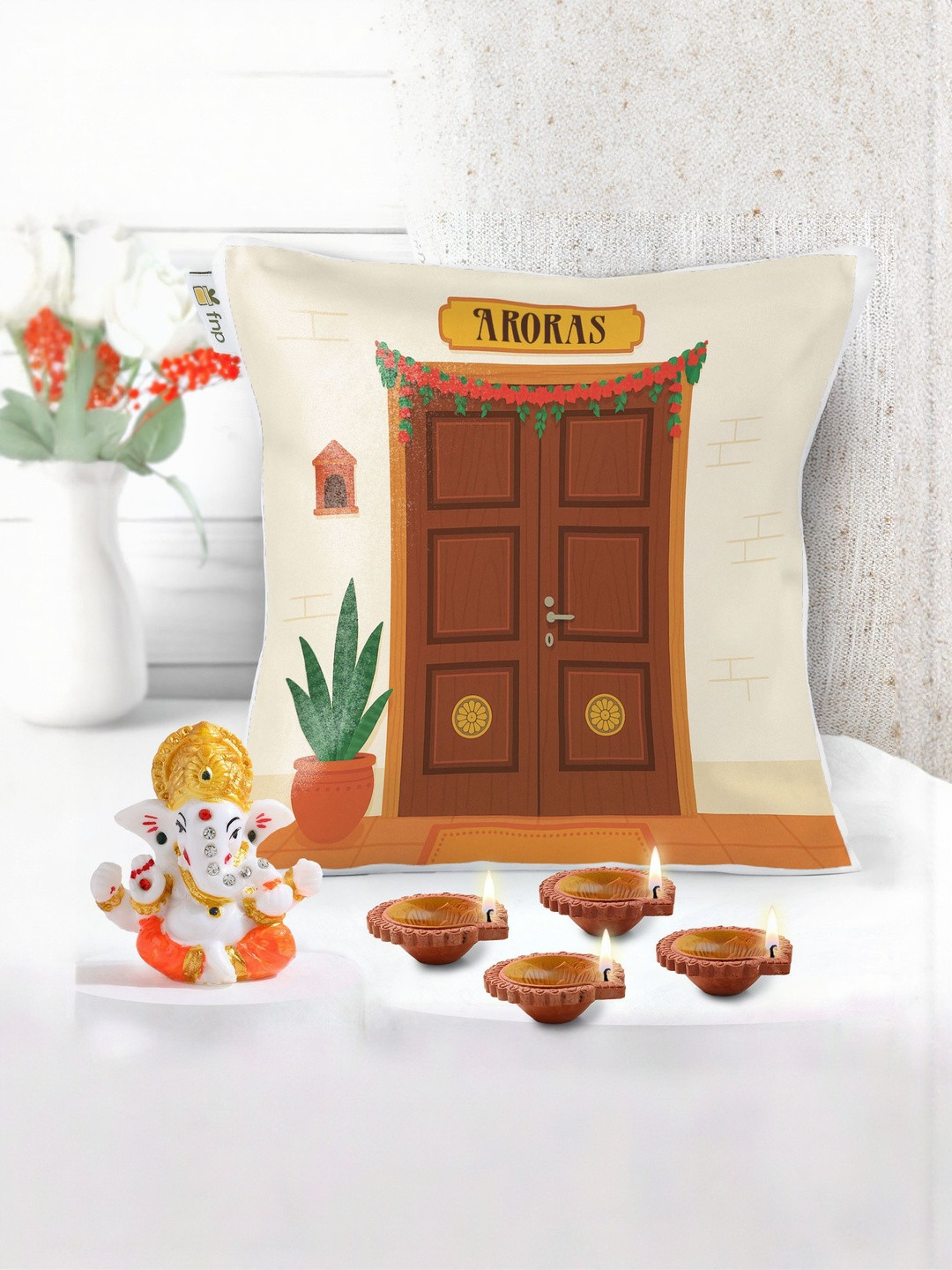 fnp 2-Pcs Diwali Personalized Festive Cushion Home Gift Set For Family