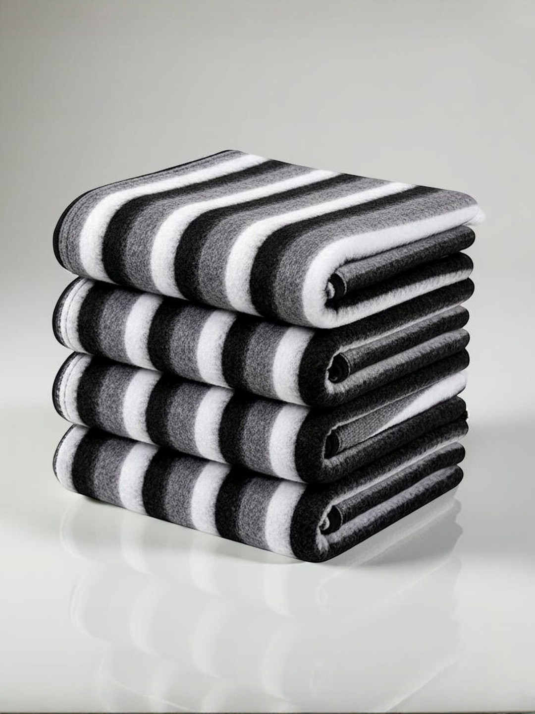Aura White & Black Set of 4 Striped Fleece Mild Winter Breathable 120 GSM Blankets