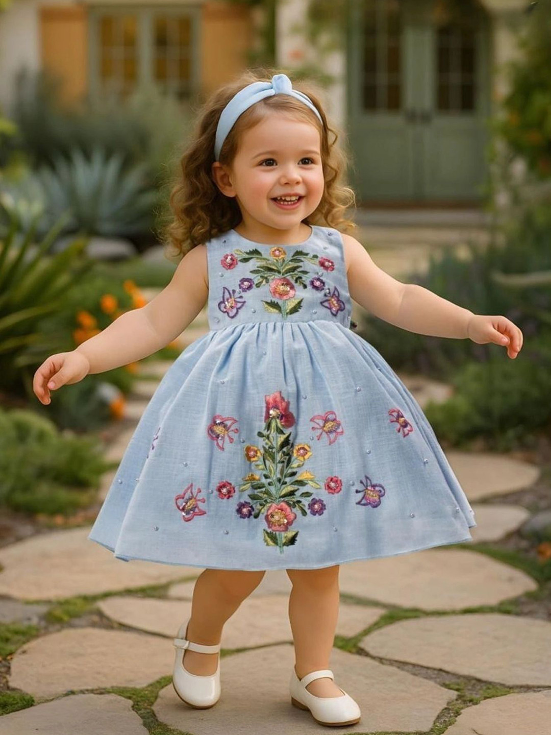 Lagorii Girls Sleeveless Embroidered Frock With Butterfly Motifs & Pearlse
