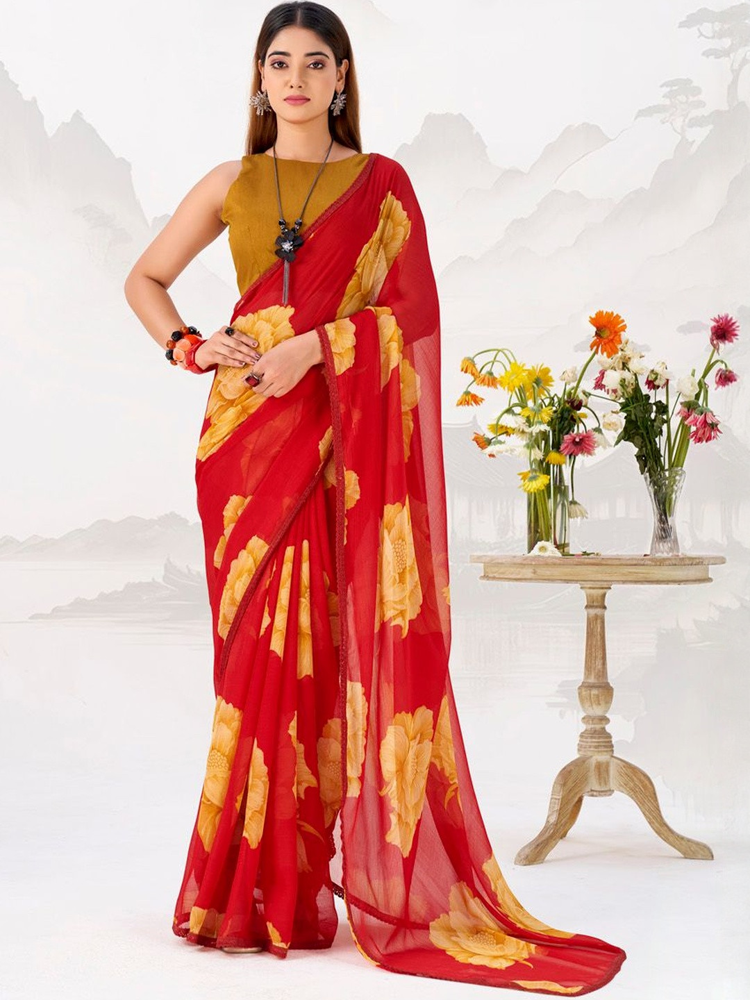 LOOKNBOOK ART Floral Printed Saree with Blouse Piece