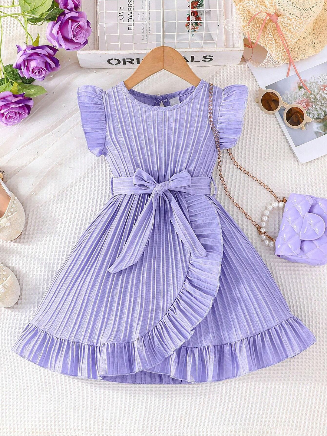 YK Girls Solid Round Neck Ruffle Bow Detail Flutter Sleeve A-Line Dress