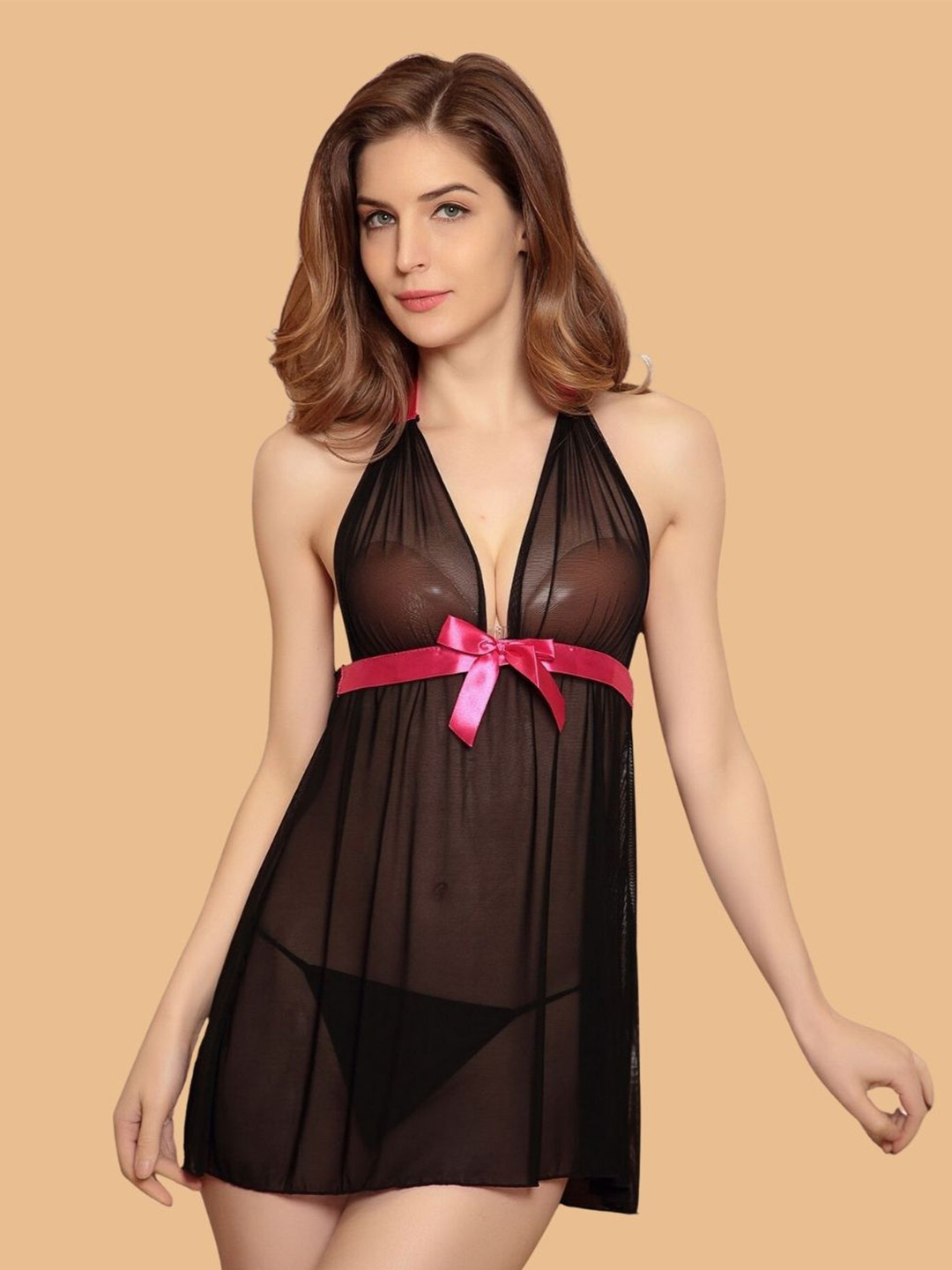 ZERJAMA Black Net Halter Neck Baby Doll NightWear