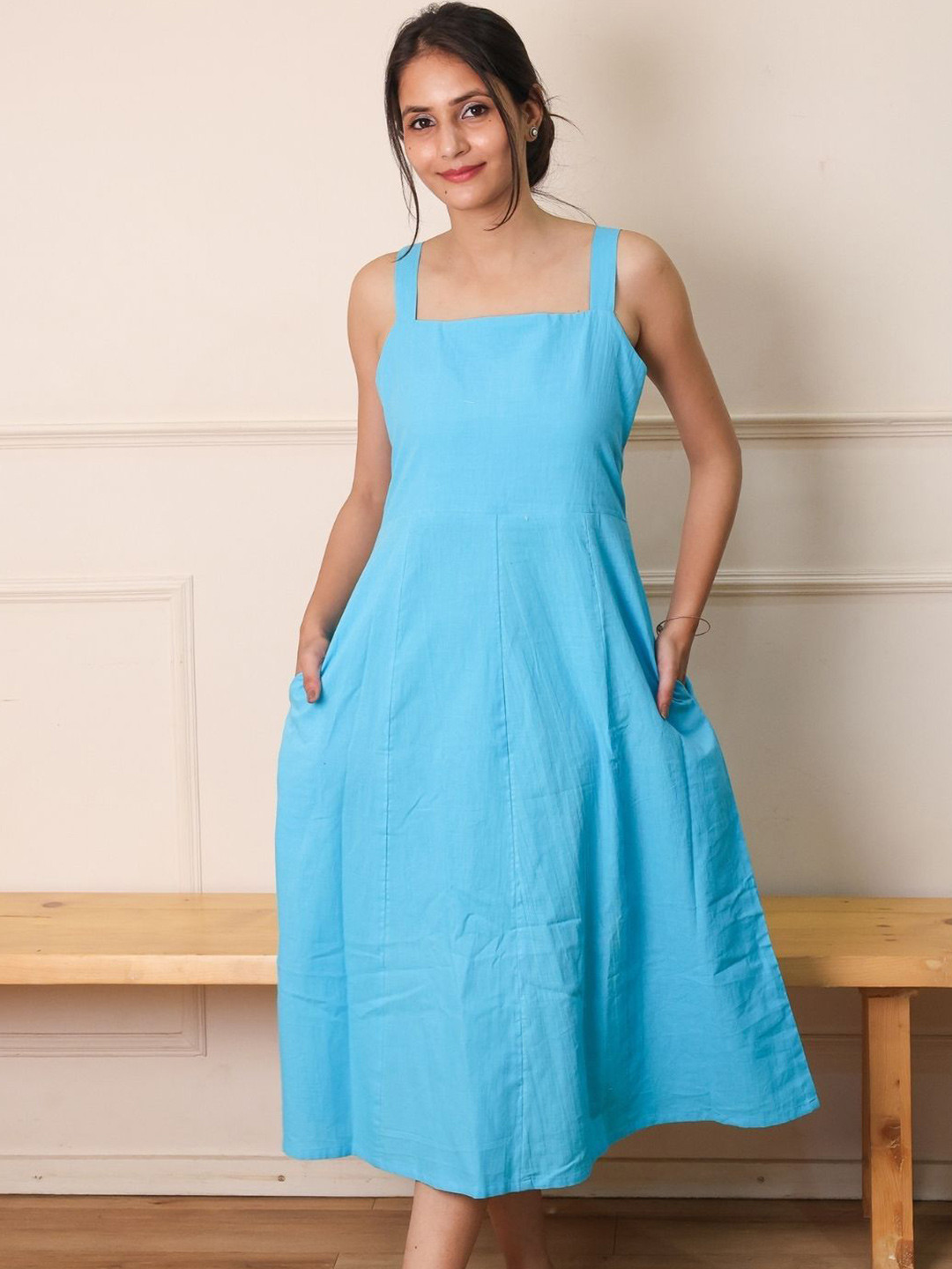 TRUE TONES Women Square Neck Cotton A-Line Midi Dress