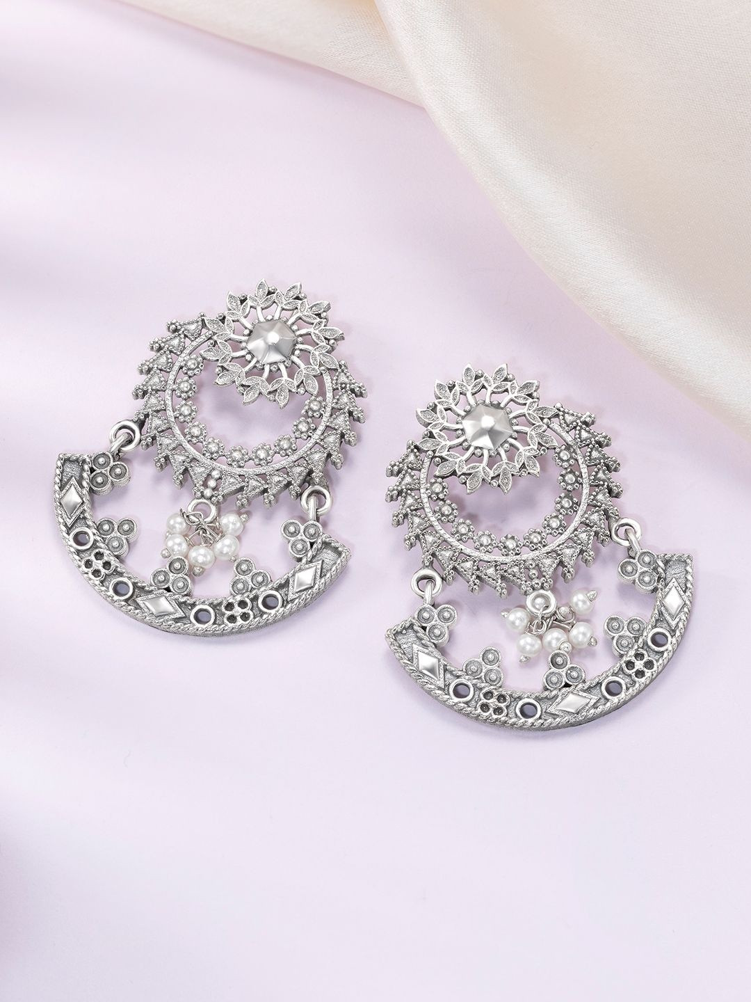 Peora Silver Plated Lariya Studded & Pearls Beaded Floral Shaped Drop Earrings