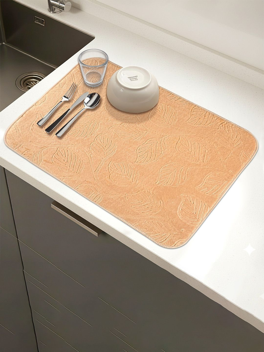 Aura Beige Self Design Anti-Skid Microfiber Dish Drying Kitchen Mat