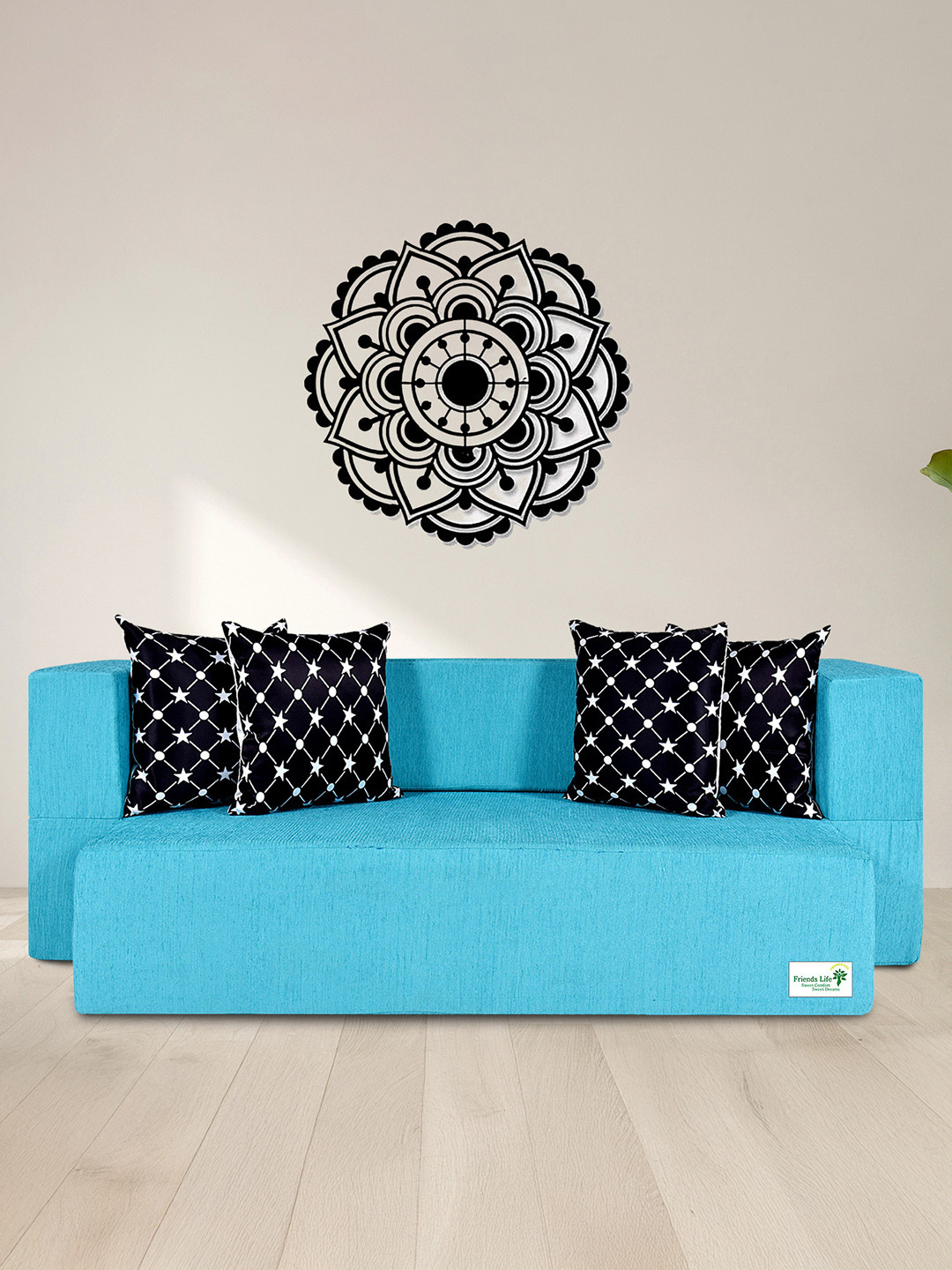 FRIENDS LIFE Blue Foam 3 Seater Fold Out Sofa Cum Bed with 4 Pillow