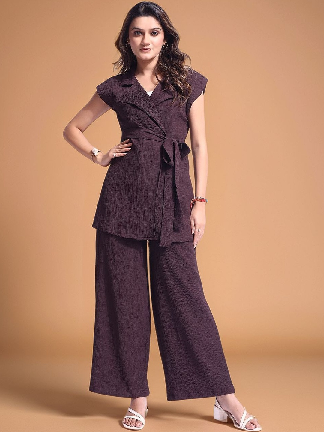 all about you Textured Lapel Collar-Neck Short Sleeves Tunic With Trouser