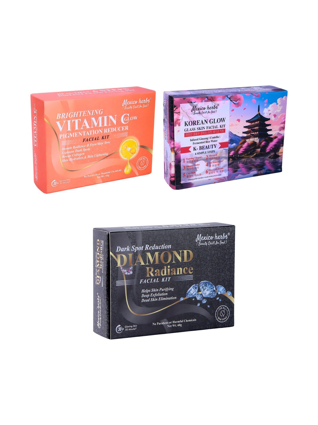 Mexico herbs Set Of 3 Vitamin C Korean & Diamond Facial Kit - 60 g Each
