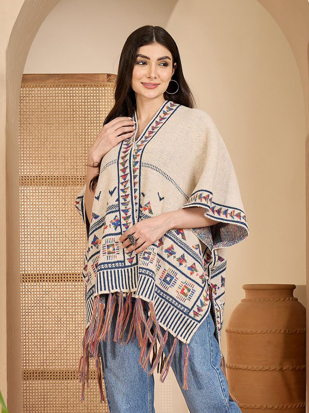 Sangria Winter Textured Woollen Fringe Hem Poncho