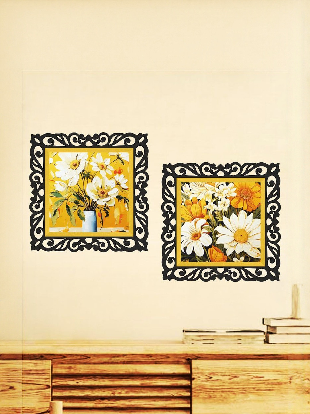 Shivmaan Art Yellow & Black Wooden 2 Pieces Wall-Mounted Square Portrait Wall Arts-8x8Inch