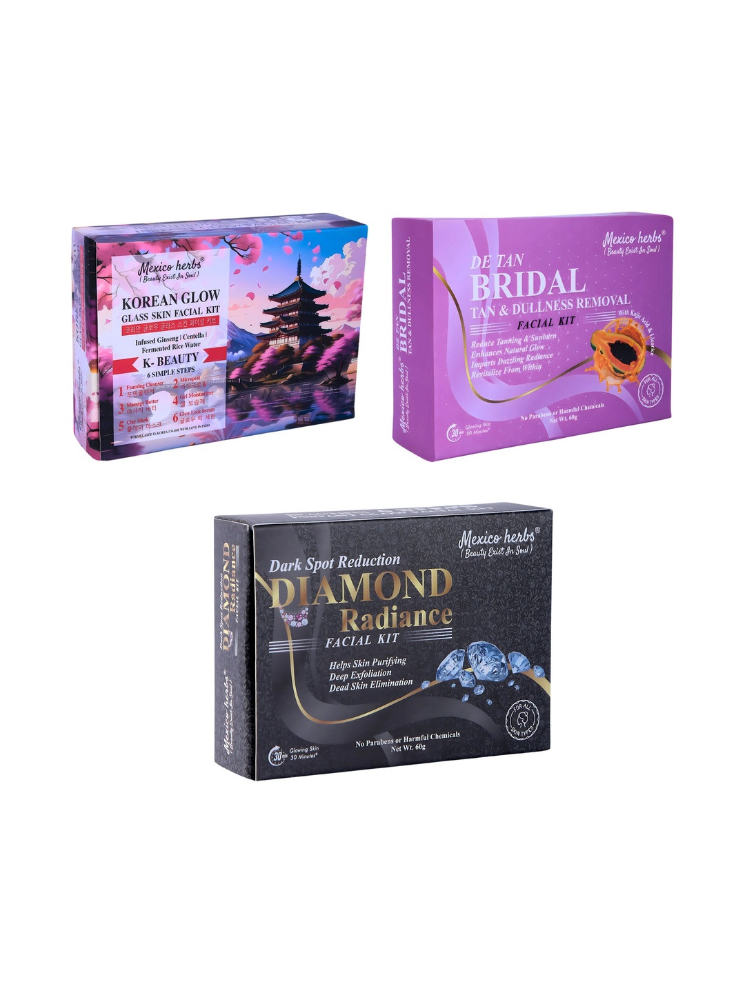 Mexico herbs Set Of 3 Korean Bridal & Diamond Facial Kit For Skin Brightening - 60 g Each