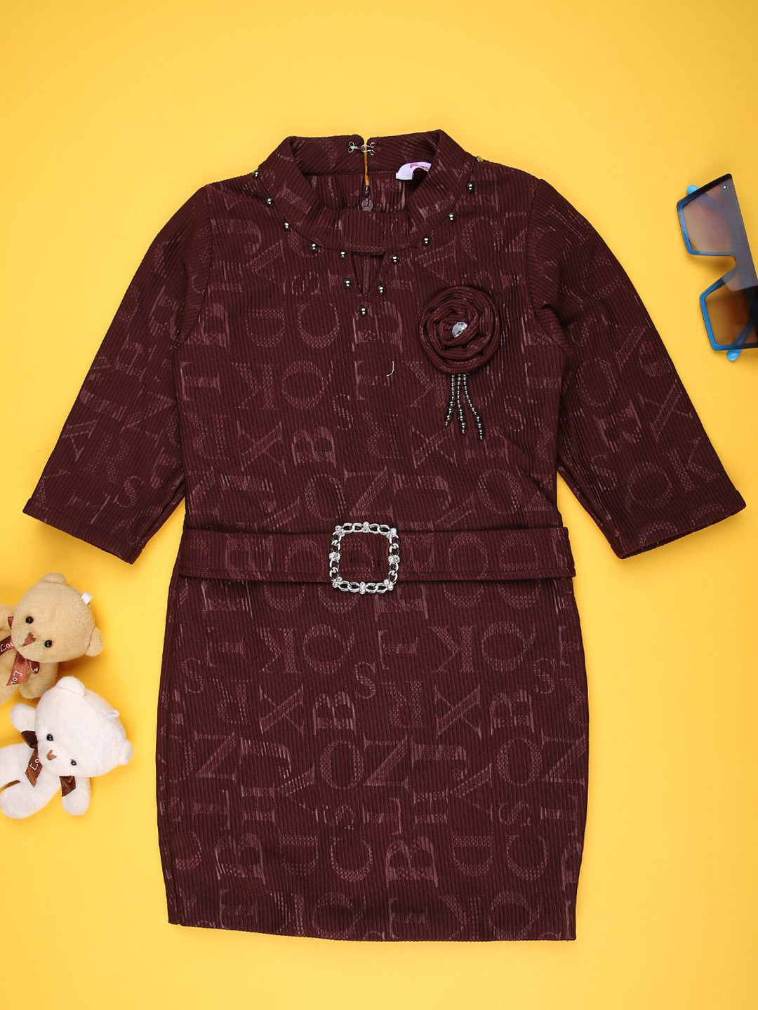 V-Mart Girls Round Neck Printed Shift Dress With Belted
