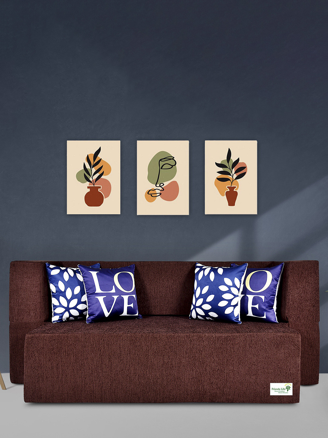 FRIENDS LIFE Brown & Blue 4 Seater Comfort For All Fold Out Sofa Cum Bed With Pillows