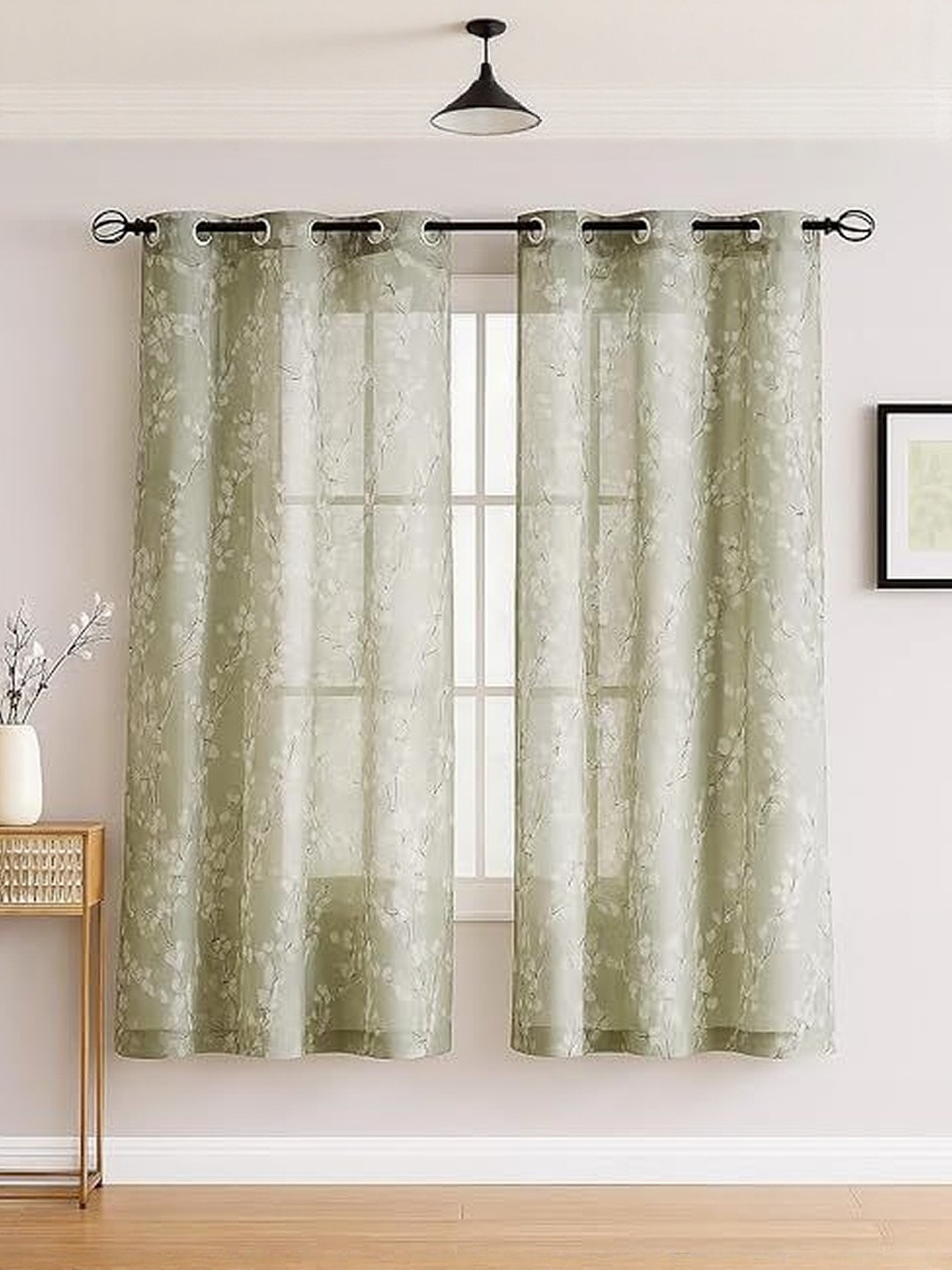 BFAM Green Floral Set Of 2 Long Door Sheer Eyelet Curtain