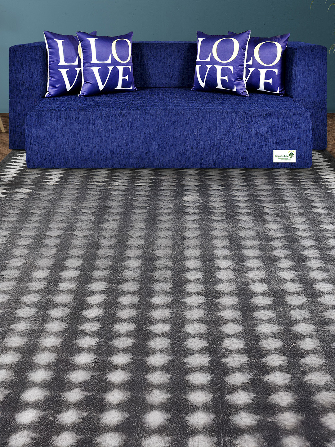 FRIENDS LIFE Blue 3 Seater Matte-Finished Comfort For All Sofa Cum Bed With 4 Pillows