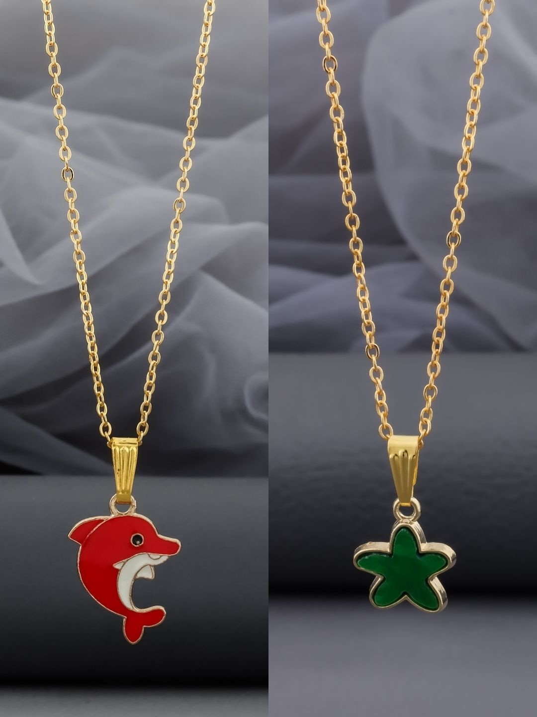 SZN Set Of 2 Gold-Plated Stainless Steel Fish & Floral Enamelled Pendants With Chains