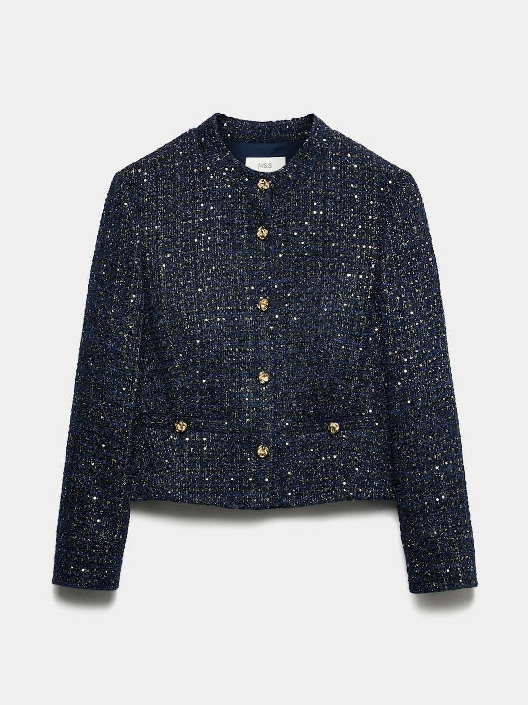 Marks & Spencer Women Regular Fit Self Design Tweed Sparkly Mandarin Collar Blazer