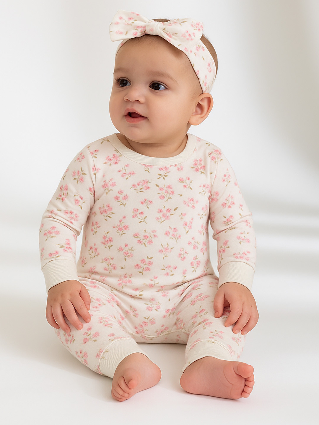 Ohmybebe Girls Floral Printed Pure Organic Cotton Romper with Headband