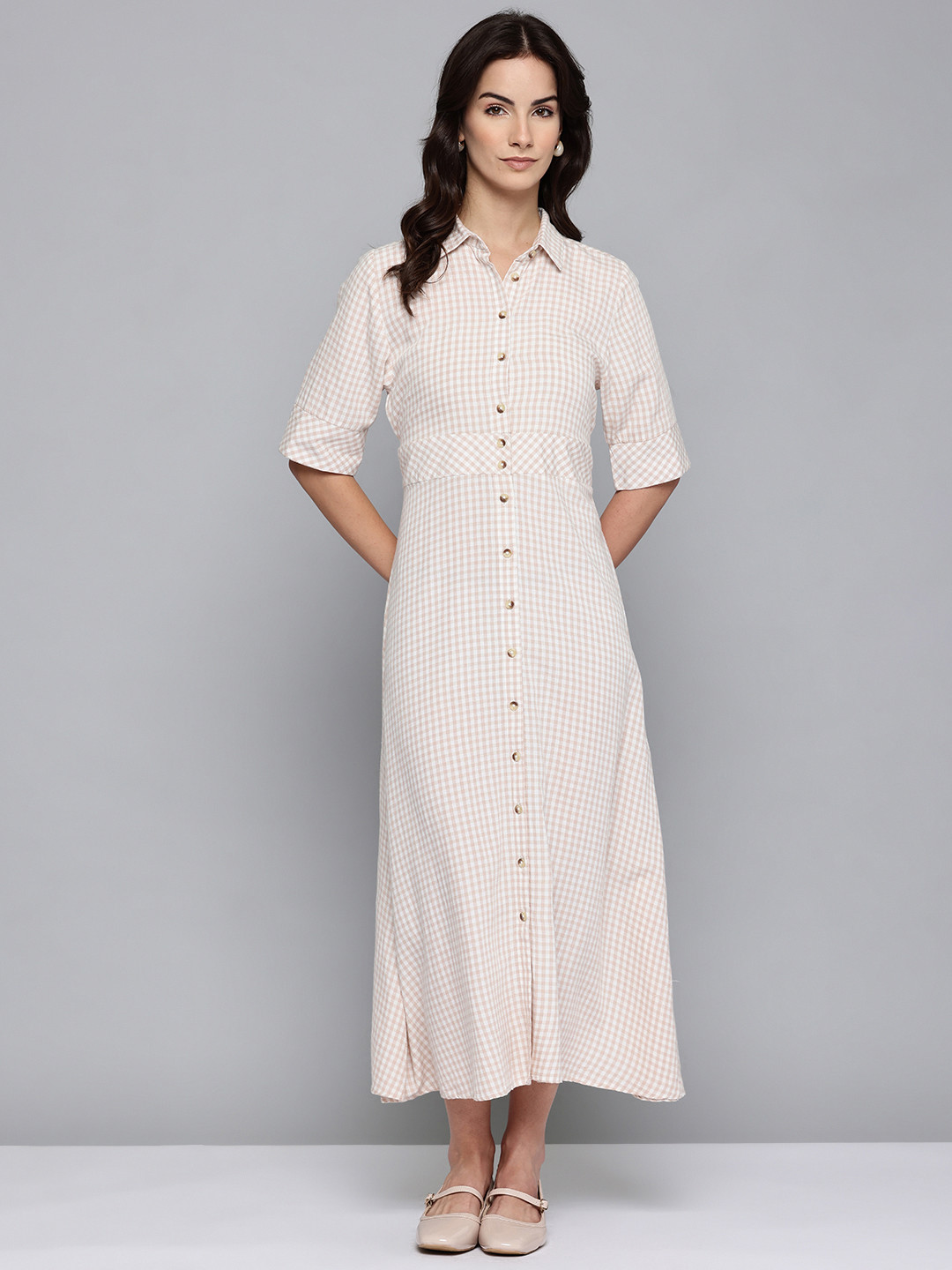 SCOUP Waist Tie-Up Checked Cotton Shirt Maxi Dress