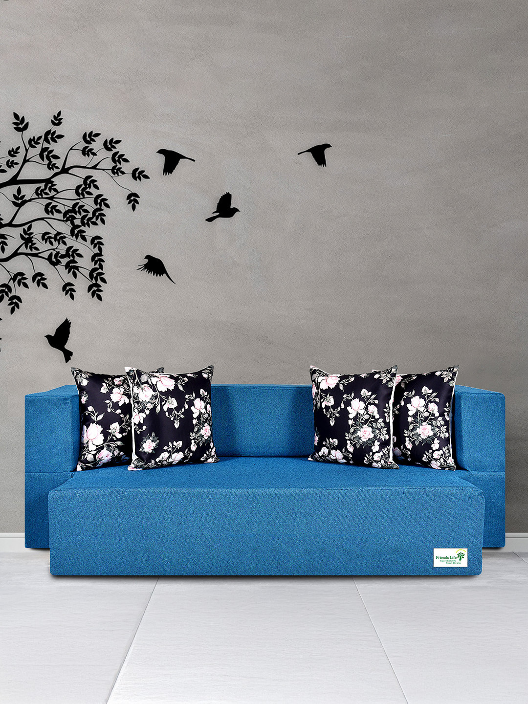 FRIENDS LIFE Blue & Black 3 Seater Fold Out Sofa Cum Bed With 4 Pillows