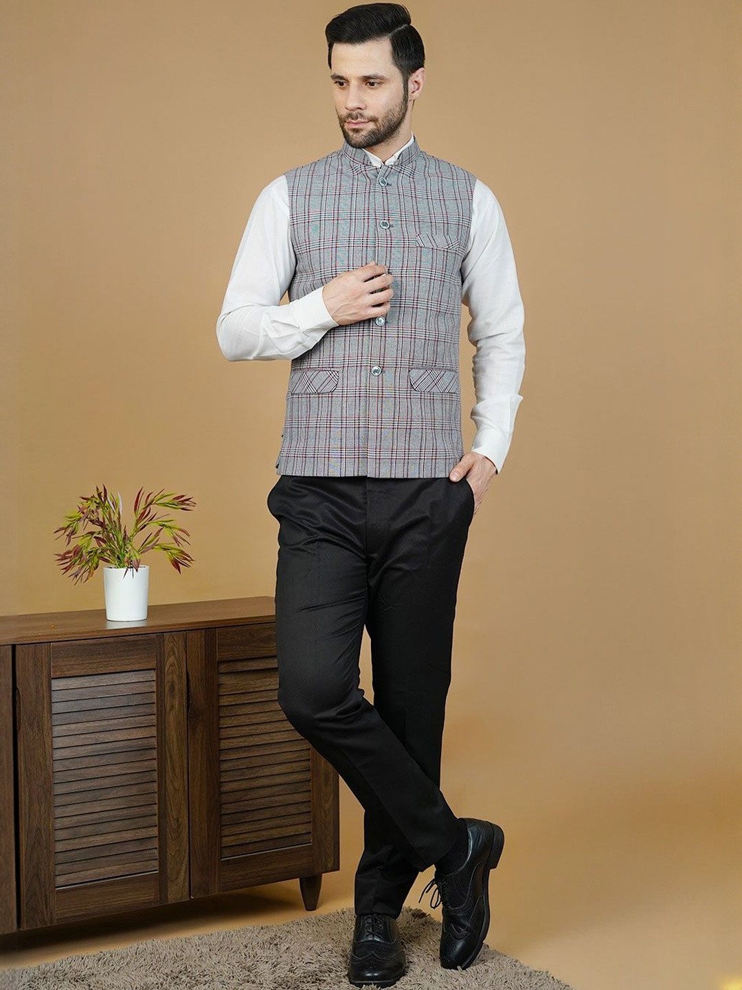 Wintage Men Checked Sleeveless Terry Wool Nehru Jacket