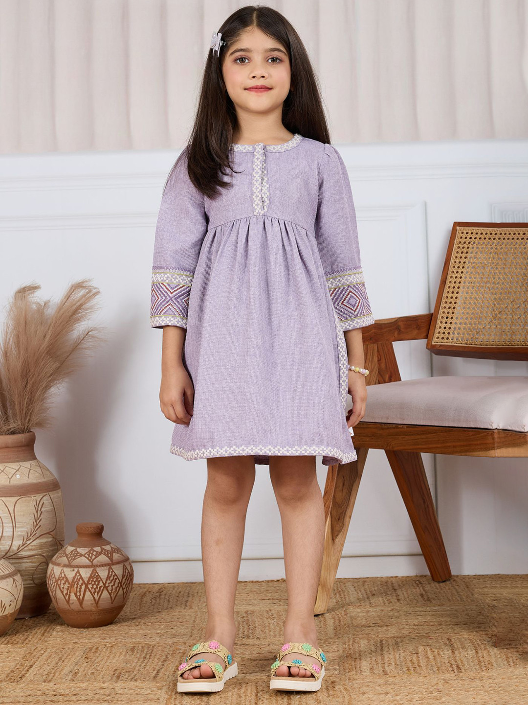 Lagorii Girls Textured Cotton Dress with Embroidered Border