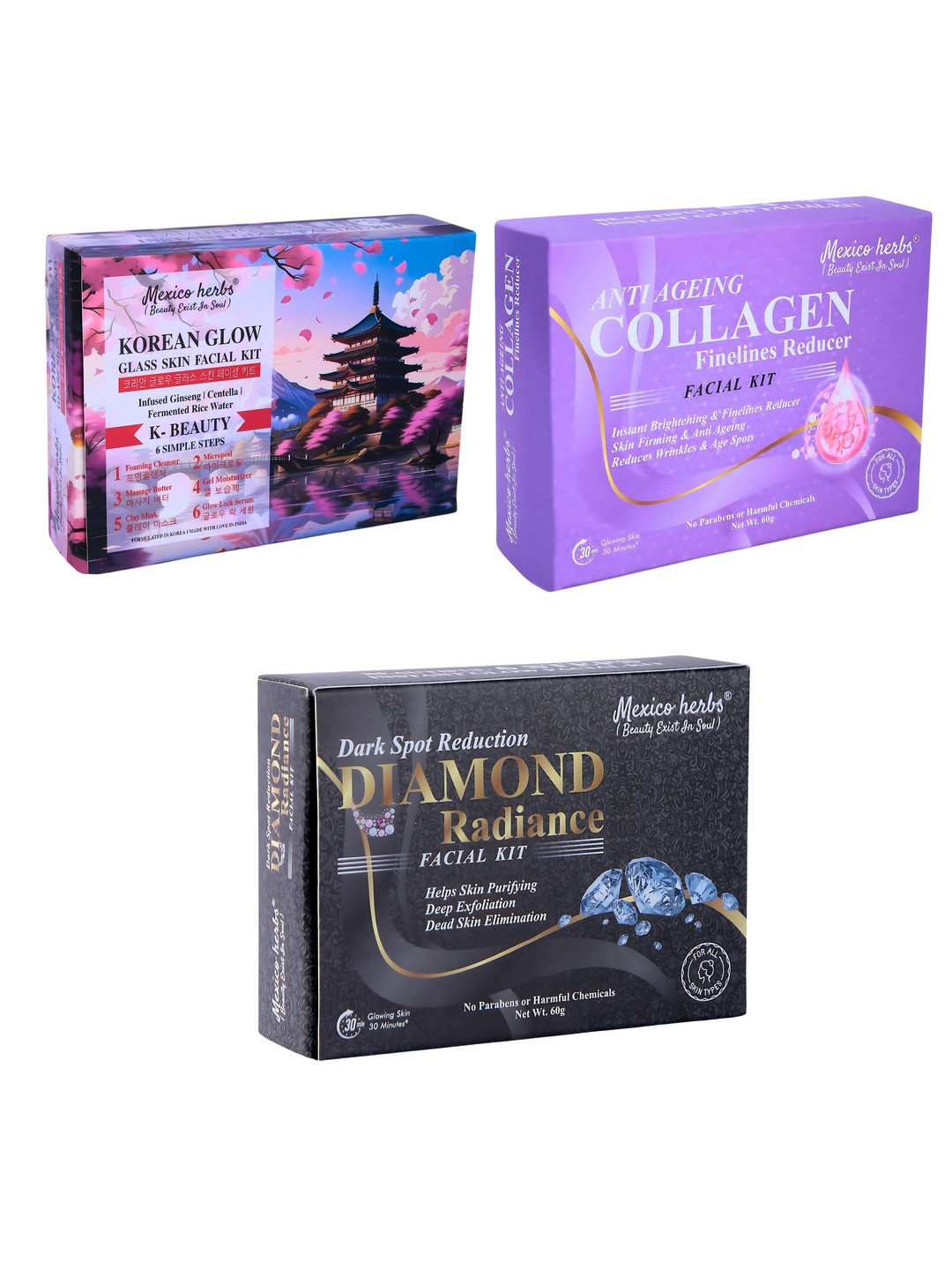 Mexico herbs Set Of 3 Korean Collagen & Diamond Facial Kit For Skin Brightening -60 g Each