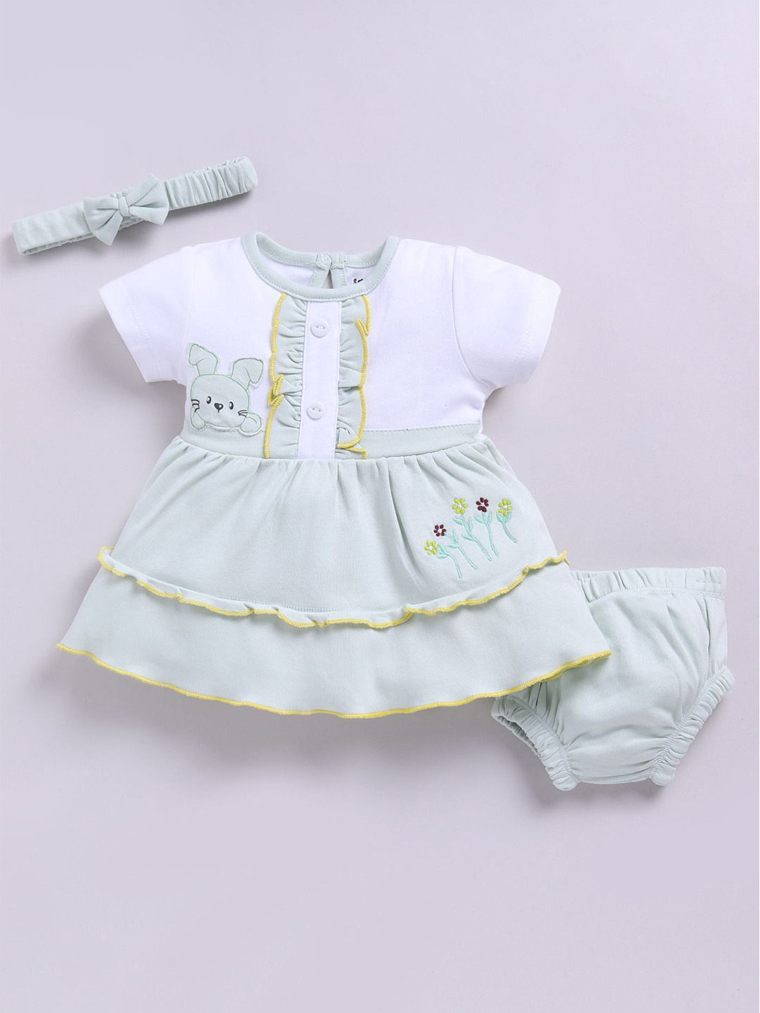 Smart Baby Girls Floral Applique Round Neck Fit and Flare Dress With Bloomer & Headband