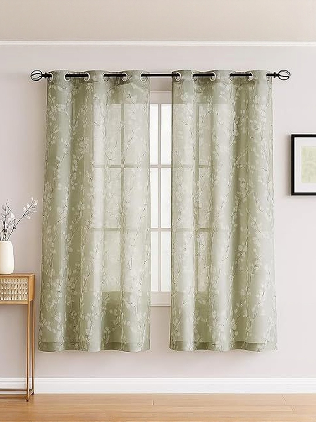 BFAM Green & White  2 Pieces Floral Printed Room Darkening Door Curtain