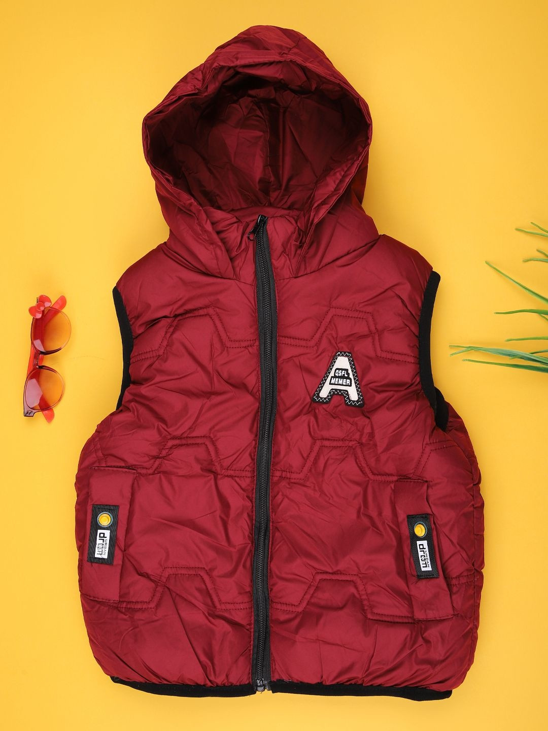 V-Mart Boys Hooded Sleeveless Embroidered Quilted Jacket