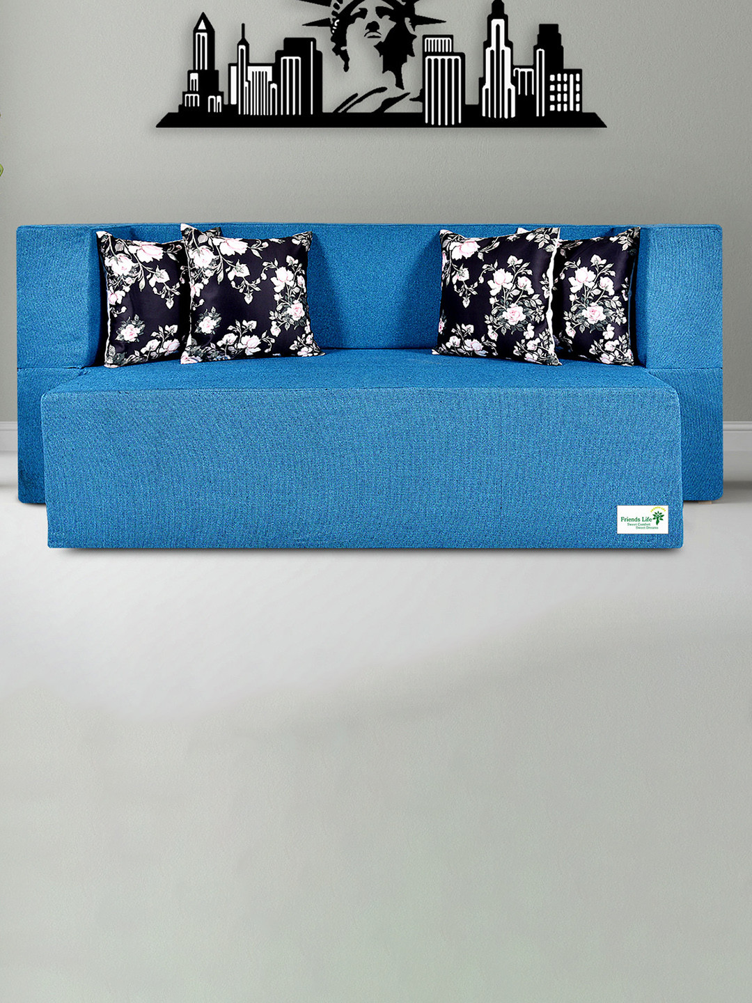 FRIENDS LIFE Blue & Black 4 Seater Comfort Sofa Cum Bed With Pillows