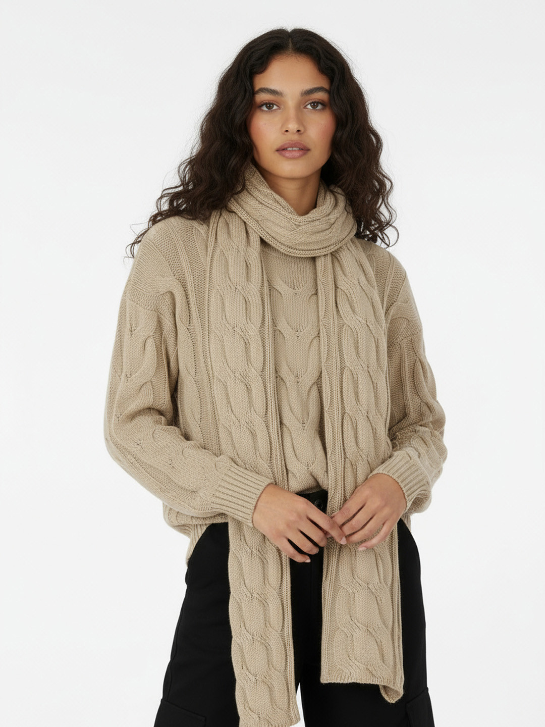 glitchez Cable Knit Self Design Oversized Pullover with Scarf
