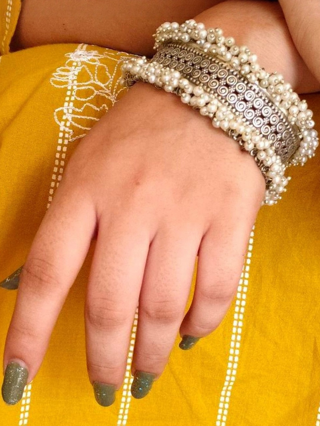 Hardin Style Silver-Plated Pearl Work Cuff Bangle